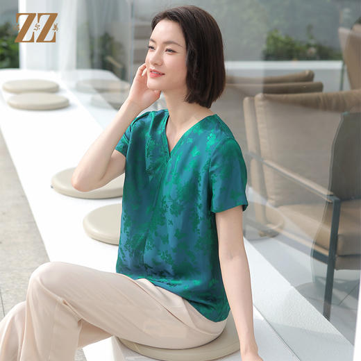 佐尔美夏季新款 气质国风V领桑蚕丝短袖衬衣女E32CS38 商品图2