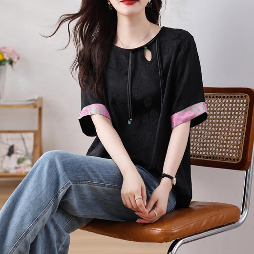 雀说新中式盘扣圆领提花拼接短袖T恤女简约百搭宽松显瘦小衫AL7129 商品图3