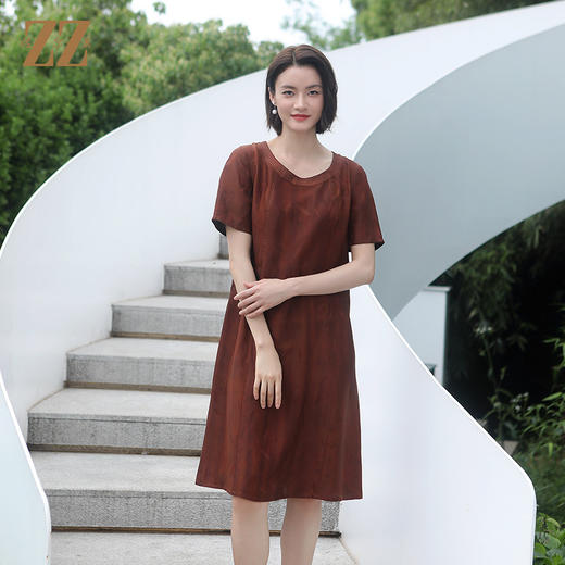佐尔美夏季新款 优雅国风气质100%桑蚕丝中长连衣裙女E22LS16 商品图0