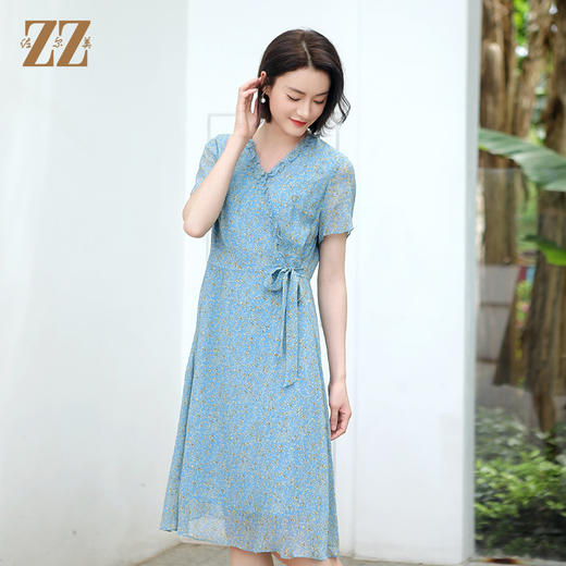 佐尔美夏季新款 气质小碎花V领100%桑蚕丝中长连衣裙女E32LS05 商品图2