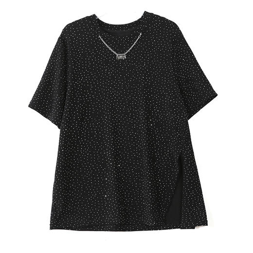 雀说圆领T恤新款高圆领满天星斜切细闪宽松休闲短袖上衣AL7130 商品图4