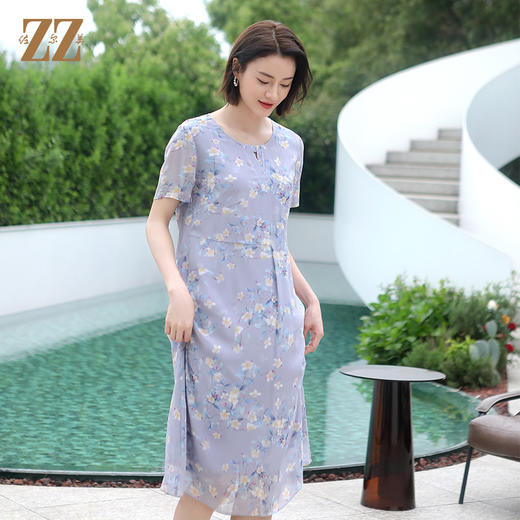 佐尔美夏季新款 优雅气质花朵图案桑蚕丝中长连衣裙女E32LS56 商品图1