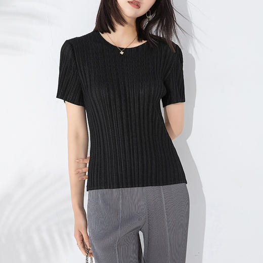 雀说 短袖T恤女夏季纯色镂空网眼褶皱上衣简约显瘦打底衫4ZF-0200 商品图6