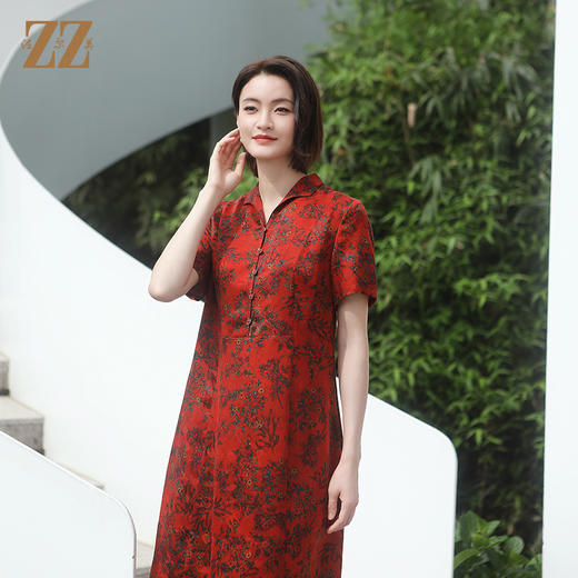 佐尔美夏季新款 新中式国风气质桑蚕丝中长连衣裙女E32LS85 商品图2