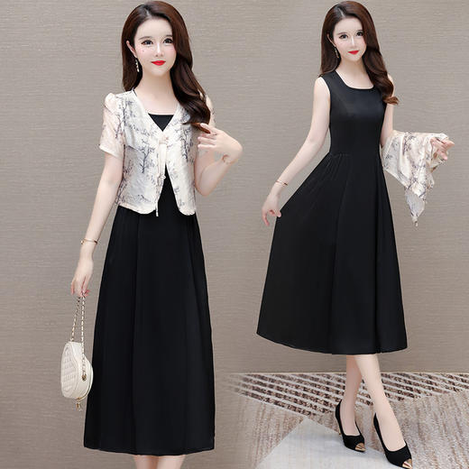 时尚洋气印花外套+内搭黑色无袖连衣裙两件套QYM-LRX-YC2436-Y 商品图1