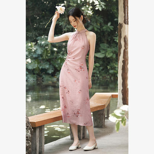 新中式国风挂脖立领挖肩印花连衣裙女夏季古典收腰连衣裙V2041704 商品图1