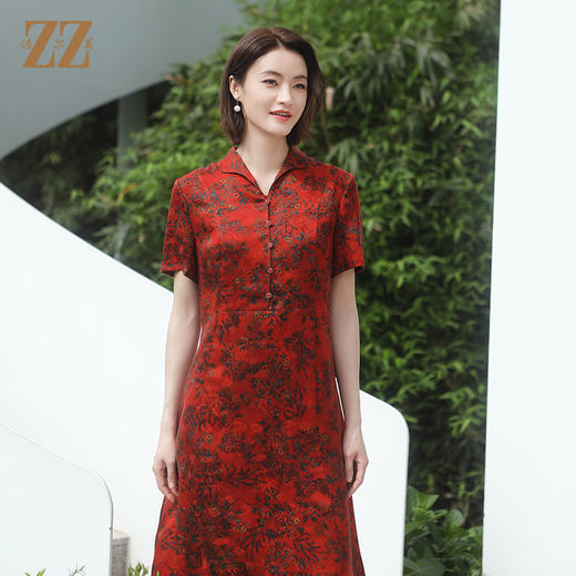 佐尔美夏季新款 新中式国风气质桑蚕丝中长连衣裙女E32LS85 商品图0
