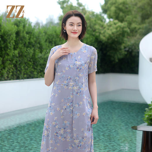 佐尔美夏季新款 优雅气质花朵图案桑蚕丝中长连衣裙女E32LS56 商品图3