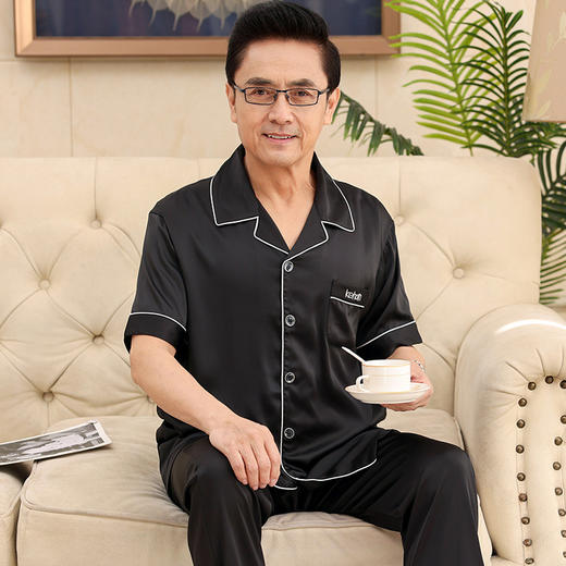 【睡衣男士夏季冰丝新款】翻领开衫中老年爸爸短袖长裤睡衣 大码家居服套装 父亲节 商品图2