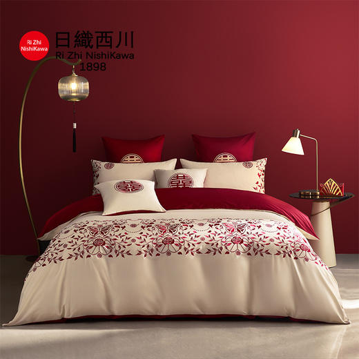 中式婚礼丨设计师力荐100s长绒棉刺绣工艺婚庆四件套酒红结婚 1.8米 商品图6