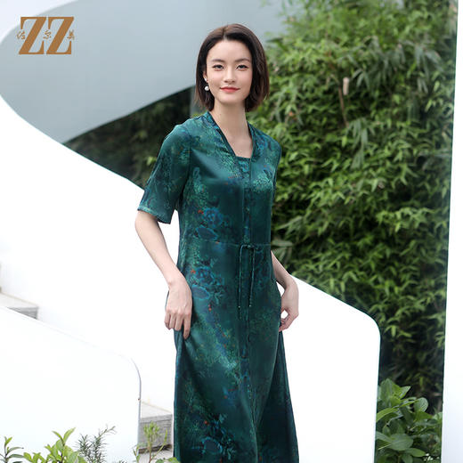 夏季新款 气质典雅新中式国风桑蚕丝连衣裙女E32LS104 商品图3