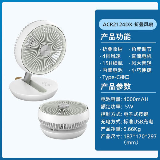 【家居】 飞利浦 PHILIPS 可充电折叠台式电风扇 ACR2124DX  # 商品图1