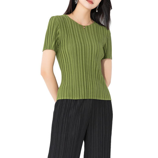 雀说 短袖T恤女夏季纯色镂空网眼褶皱上衣简约显瘦打底衫4ZF-0200 商品图4