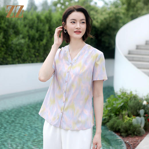 佐尔美夏季新款 气质渐变V领桑蚕丝短袖衬衣女E32CS77 商品图2