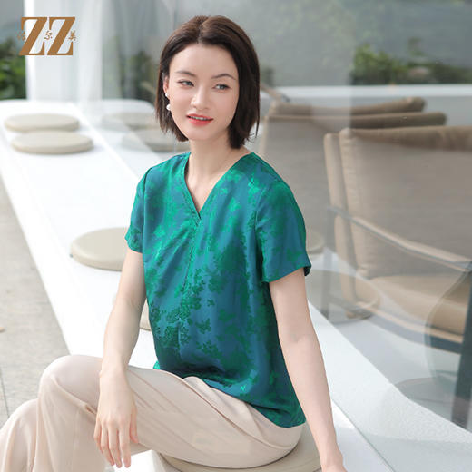 佐尔美夏季新款 气质国风V领桑蚕丝短袖衬衣女E32CS38 商品图1