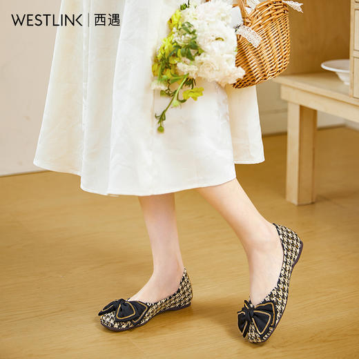 西遇小香风软底单鞋女新款法式晚风蝴蝶结浅口方头平底鞋V0033880 商品图3