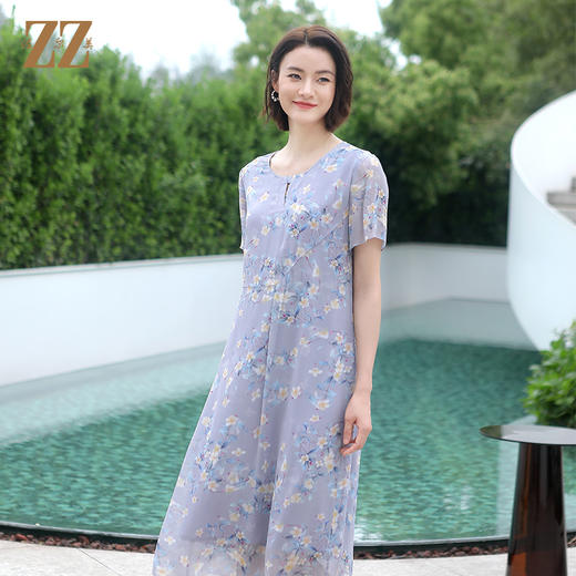 佐尔美夏季新款 优雅气质花朵图案桑蚕丝中长连衣裙女E32LS56 商品图2