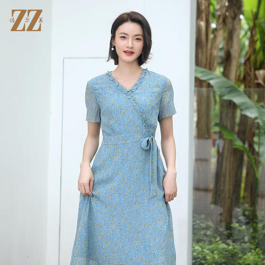 佐尔美夏季新款 气质小碎花V领100%桑蚕丝中长连衣裙女E32LS05 商品图3