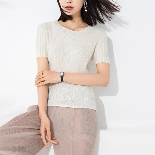 雀说 短袖T恤女夏季纯色镂空网眼褶皱上衣简约显瘦打底衫4ZF-0200 商品图1