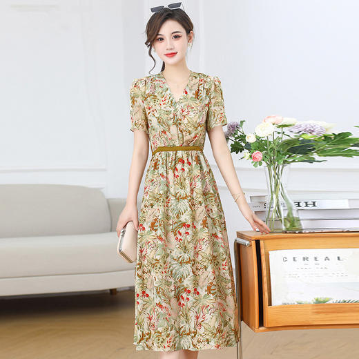 印花洋气V领时尚连衣裙，短袖修身显瘦休闲雪纺裙QYM- XYKL-MB1060-L 商品图0