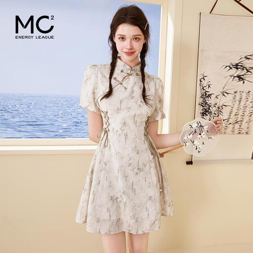 mc2国风新中式连衣裙短款女夏新款立领斜门襟印花收腰气质小个子 商品图0