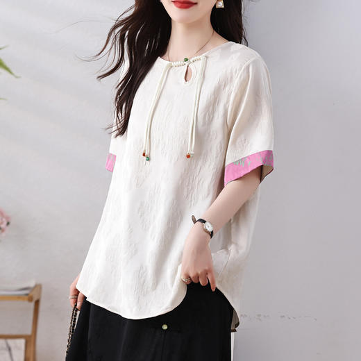 雀说新中式盘扣圆领提花拼接短袖T恤女简约百搭宽松显瘦小衫AL7129 商品图2