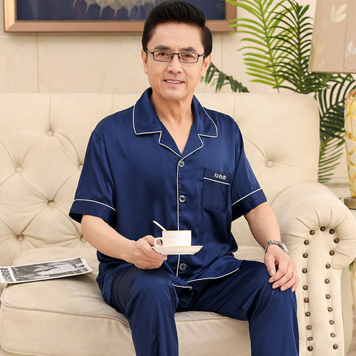 【睡衣男士夏季冰丝新款】翻领开衫中老年爸爸短袖长裤睡衣 大码家居服套装 父亲节 商品图1
