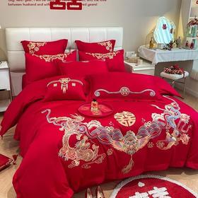 高档中式龙凤刺绣结婚四件套大红色床单被套纯棉喜被婚庆床上用品  2米