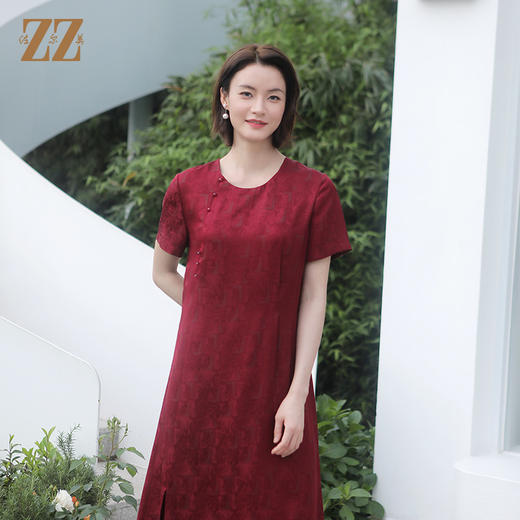 佐尔美夏季新款 国风优雅气质圆领桑蚕丝中长连衣裙女E32LS34 商品图0