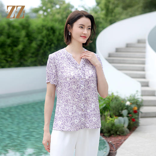 佐尔美夏季新款 气质时尚碎花桑蚕丝短袖衬衣女E32CS78 商品图1