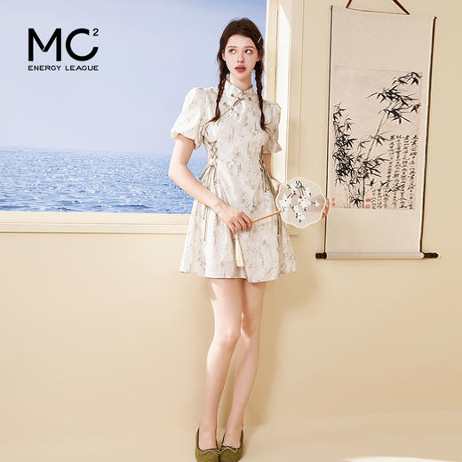 mc2国风新中式连衣裙短款女夏新款立领斜门襟印花收腰气质小个子 商品图1