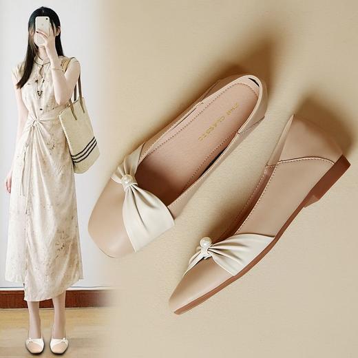 ZHR真皮珍珠浅口单鞋平底女鞋2024新款软底玛丽珍皮鞋伴娘豆豆鞋 商品图1