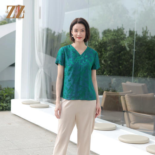 佐尔美夏季新款 气质国风V领桑蚕丝短袖衬衣女E32CS38 商品图3