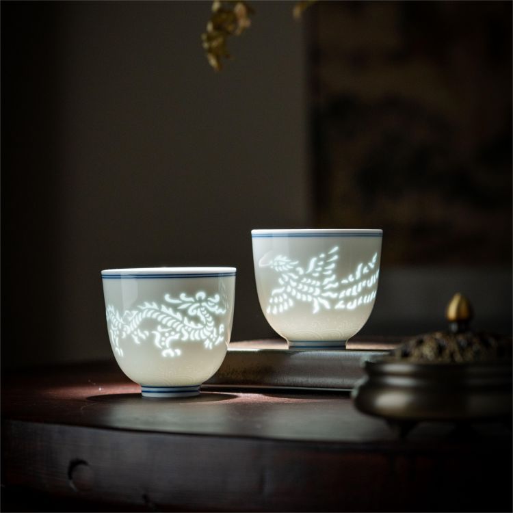 富玉窑 玲珑主人杯 青花玲珑海水纹龙凤对杯