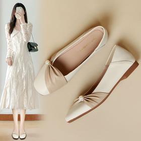 ZHR真皮珍珠浅口单鞋平底女鞋2024新款软底玛丽珍皮鞋伴娘豆豆鞋