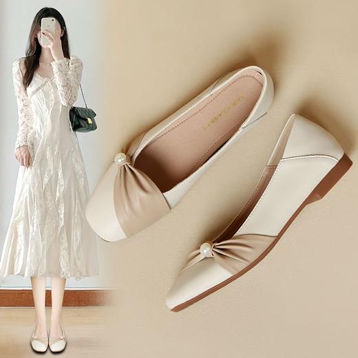 ZHR真皮珍珠浅口单鞋平底女鞋2024新款软底玛丽珍皮鞋伴娘豆豆鞋 商品图0