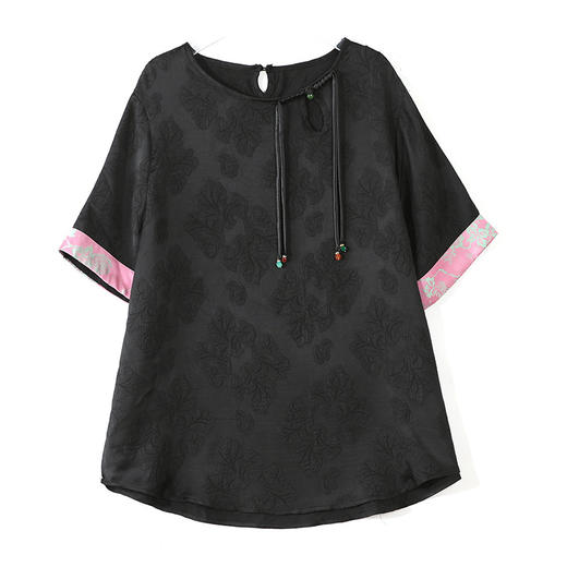 雀说新中式盘扣圆领提花拼接短袖T恤女简约百搭宽松显瘦小衫AL7129 商品图4