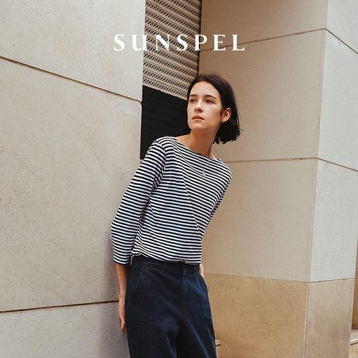 SUNSPEL女士春夏Supima匹马棉船领条纹七分袖T舒适透气简约休闲 商品图1