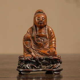 清 竹雕自在观音像（红木座）