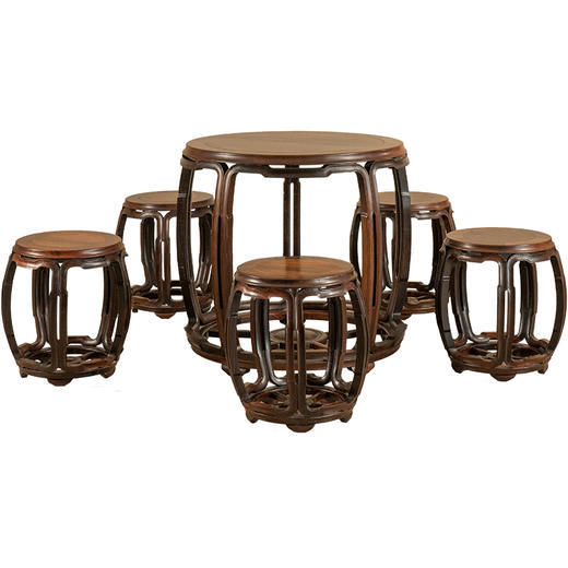 二十世纪 红木打洼鼓墩形圆台鼓凳成套（一桌五凳） 商品图5