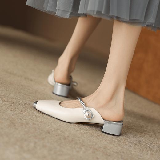 阿么手工女鞋新中式国风真皮穆勒拖2025新款夏季外穿粗跟包头拖3CM 商品图1