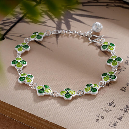 子佩集S990银【四叶成诗】手链【CSL000015-1】纯银珐琅彩四叶草绿花丝2405 商品图3