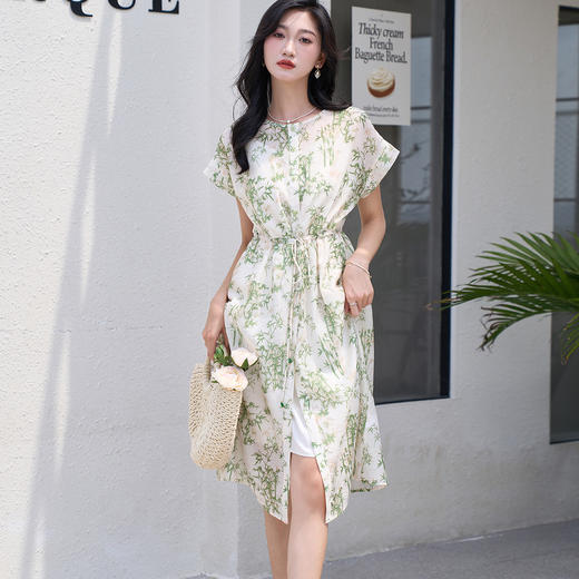 米思阳2025夏季新品清爽新中式印花裙宽松抽绳设计连衣裙2485 商品图3
