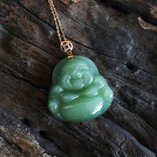 【天然正品】AU750玫瑰金镶钻镶佛公造型和田玉猫眼碧玉（平安、吉祥）吊坠项链090524NJ01 商品图2
