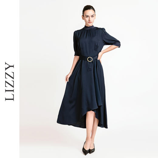 LIZZY优雅通勤收腰短袖飘逸不规则大摆连衣裙配腰带7961 商品图0