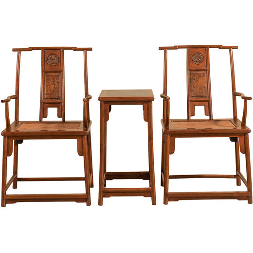 清 黄杨木嵌瘿木三攒靠背螭龙纹四出头官帽椅成套（两椅一几） 商品图5