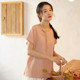 圆领短袖中国风，连肩袖盘扣复古上衣QM-6244
