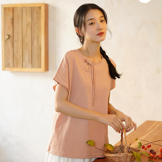 圆领短袖中国风，连肩袖盘扣复古上衣QM-6244 商品图0