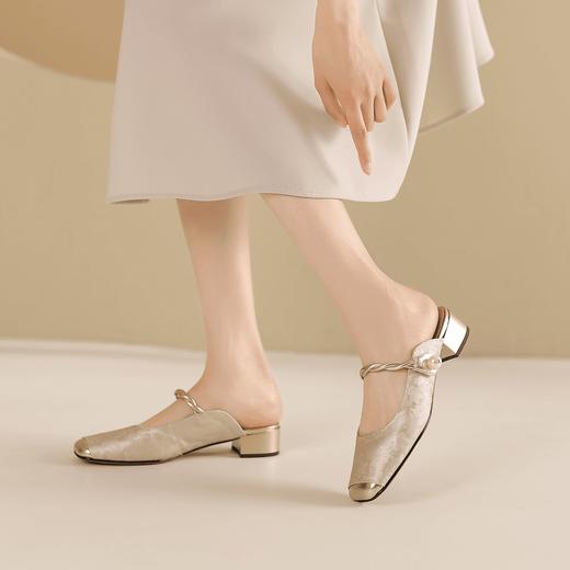 阿么手工女鞋新中式国风真皮穆勒拖2025新款夏季外穿粗跟包头拖3CM 商品图3