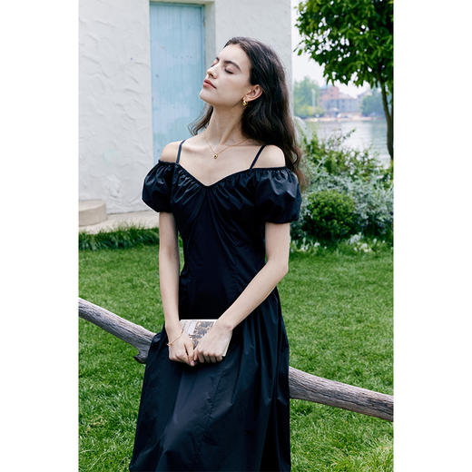 HeyDress黑色露肩连衣裙女夏季法式V领泡泡袖设计感气质a字裙子 商品图2